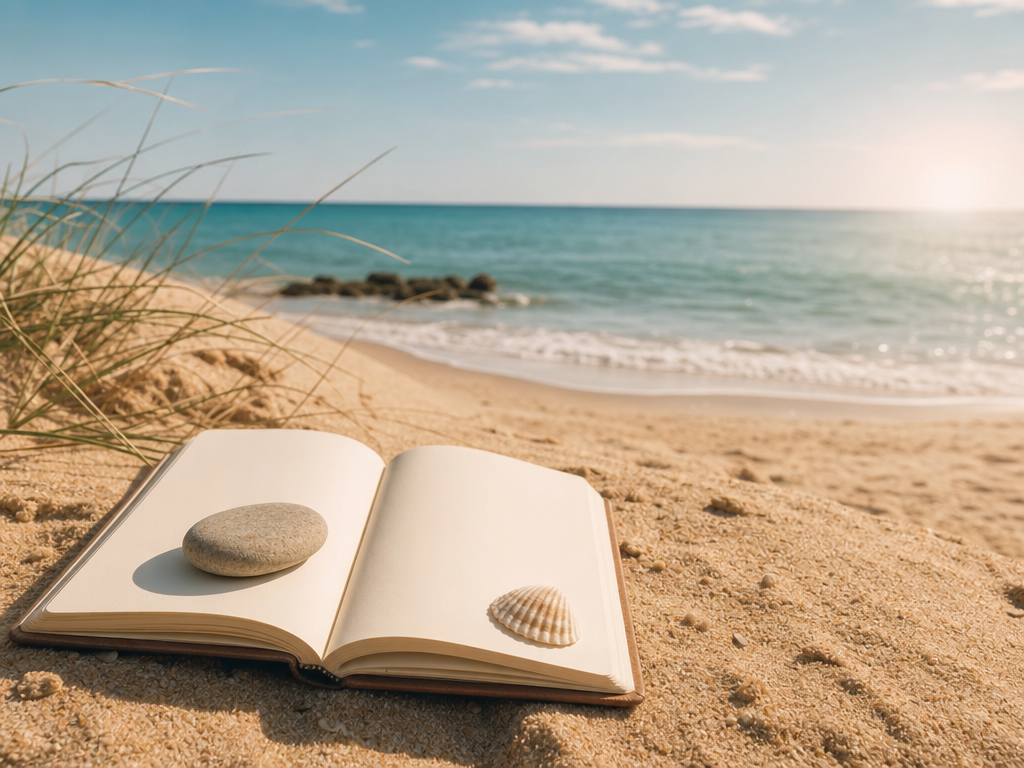 Caderno aberto, pedra e concha sobre a areia diante do mar
